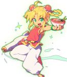  1girl :d ahoge blonde_hair bowl chinese_clothes commentary_request double_bun food green_eyes hair_rings holding holding_bowl looking_at_viewer metata open_mouth original short_hair sleeveless smile solo upper_teeth 