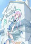  1girl absurdres aria blue_gloves copyright_name day dress fingerless_gloves floating_hair gloves hair_tubes hat highres kamehito leaning_forward long_dress mizunashi_akari outdoors pink_hair side_slit sidelocks solo standing white_dress white_headwear 