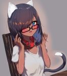  1girl animal_ears black_hair blue_eyes blush breasts cat_ears cat_girl cat_tail chair chito_(natsume-same) collar dark_skin eyebrows_behind_hair fang glasses grey_background hair_between_eyes hair_over_one_eye hands_up highres long_hair looking_at_viewer medium_breasts medium_hair natsume-same open_mouth original red_collar shirt short_sleeves sidelocks sitting smile solo table tail 
