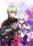  1boy 1girl absurdres byleth_(fire_emblem) byleth_eisner_(male) cloak dress emblem fire_emblem fire_emblem:_three_houses glowing glowing_weapon green_eyes green_hair hand_on_another&#039;s_hand highres huge_filesize long_hair looking_at_viewer lysithea_von_ordelia oroshipon_zu red_eyes serious shaded_face silver_hair sword sword_of_the_creator veil weapon 