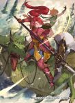  2girls animal_ears armor axe brown_gloves cat_ears closed_mouth company_name copyright_name dragon fire_emblem fire_emblem:_path_of_radiance fire_emblem_cipher from_side gloves holding holding_axe jill_(fire_emblem) kureta_(nikogori) lethe_(fire_emblem) long_hair multiple_girls official_art open_mouth orange_hair ponytail redhead riding short_hair violet_eyes wyvern 