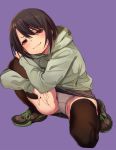  1girl brown_hair fu-ta hood hoodie looking_at_viewer original panties pantyshot pantyshot_(squatting) short_hair simple_background smug solo squatting thigh-highs underwear upskirt 