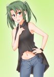  1girl alternate_costume anti_(untea9) bare_shoulders blush bracelet casual cowboy_shot denim green_background green_eyes green_hair hair_ribbon highres jeans jewelry kantai_collection long_hair looking_at_viewer navel pants ribbon simple_background sleeveless solo twintails white_ribbon zuikaku_(kantai_collection) 