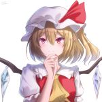  1girl blonde_hair cravat expressionless eyebrows_visible_through_hair finger_to_chin fingernails flandre_scarlet frilled_shirt_collar frills hair_between_eyes hat hat_ribbon light_blush looking_at_viewer mob_cap one_side_up pointy_ears puffy_short_sleeves puffy_sleeves red_eyes red_nails red_vest ribbon sharp_fingernails shiny shiny_hair shiranui_(wasuresateraito) shirt short_hair short_sleeves simple_background solo touhou upper_body vest white_background white_headwear white_shirt wings yellow_neckwear 