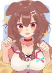  1girl :3 :d absurdres animal_ears blue_background blush_stickers bone_hair_ornament bone_print braid breasts brown_eyes brown_hair collar collarbone dog_ears fang highres hololive inugami_korone large_breasts long_hair looking_at_viewer open_mouth smile solo sparkle tsumayouji_(tumayog) twin_braids two-tone_background upper_body white_background 