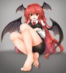  1girl :d bangs bare_legs barefoot black_skirt black_vest blush breasts commentary_request demon_wings eyebrows_visible_through_hair feet grey_background hair_between_eyes hair_intakes head_wings highres juliet_sleeves knees_up koakuma large_breasts long_hair long_sleeves looking_at_viewer m9kndi miniskirt open_mouth pencil_skirt puffy_sleeves red_eyes redhead shadow shirt sitting skirt smile solo thighs toenail_polish toenails toes touhou very_long_hair vest white_shirt wings 