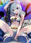  1girl animal_ear_fluff animal_ears aqua_eyes arm_up assault_rifle bare_arms bare_legs bare_shoulders belt between_breasts breasts cable choker collarbone commentary_request crop_top ear_piercing extra_ears fox_ears gun h&amp;k_hk416 highres long_hair looking_at_viewer magazine_(weapon) medium_breasts midriff multicolored_hair navel nekoboshi_sakko no_socks original piercing reclining rifle scope shoes short_shorts shorts silver_hair sleeveless smile sneakers solo spray_can stomach strap streaked_hair thighs v-shaped_eyebrows watermark weapon white_shorts 