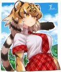  1girl absurdres animal_ear_fluff animal_ears animal_print bangs black_hair blonde_hair blue_sky breasts clouds day elbow_gloves expressionless extra_ears eyebrows_visible_through_hair gloves hair_between_eyes highres kemono_friends large_breasts looking_away medium_hair multicolored_hair necktie notora outdoors outline plaid plaid_neckwear plaid_skirt plaid_trim plant print_gloves shirt short_sleeves skirt sky solo striped_tail tail tiger_(kemono_friends) tiger_ears tiger_girl tiger_print tiger_tail white_hair white_outline white_shirt wing_collar yellow_eyes 