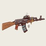  ak-47 assault_rifle copyright_name duct_tape fernando_correa from_side grey_background gun highres metro_2033 no_humans original rifle russian_text scope signature simple_background translated weapon 