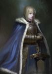  1girl armor armored_dress artoria_pendragon_(all) avalon_(fate/stay_night) blonde_hair blue_cape blue_dress braid breastplate cape capelet dress excalibur fate/grand_order fate/stay_night fate_(series) french_braid fur-trimmed_cape fur_trim highres little_owl looking_away painterly planted_weapon saber solo weapon 