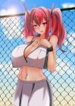  1girl absurdres azur_lane bangs blue_sky blush breasts bremerton_(azur_lane) bremerton_(scorching-hot_training)_(azur_lane) chain-link_fence clouds crop_top eyebrows_visible_through_hair fence fujikusa gradient_sky hair_between_eyes hair_ornament heart heart_necklace highres huge_breasts large_breasts long_hair looking_at_viewer midriff multicolored_hair navel navel_piercing piercing pink_eyes pink_hair shirt skirt sky sleeveless sleeveless_shirt sportswear streaked_hair sweatdrop tennis_uniform twintails two-tone_shirt two-tone_skirt x_hair_ornament 