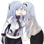  2girls ak-12_(girls_frontline) an-94_(girls_frontline) blue_eyes blush bow girls_frontline grey_shirt hair_bow hair_ornament hairband highres kiss long_hair looking_at_another looking_away military military_uniform multiple_girls open_mouth shirt silver_hair talnory uniform violet_eyes white_background yuri 