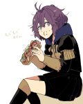  1girl bernadetta_von_varley bike_shorts closed_mouth eating fire_emblem fire_emblem:_three_houses food food_on_face garreg_mach_monastery_uniform grey_eyes highres hirunesukix hood hood_down long_sleeves purple_hair sandwich short_hair simple_background solo submarine_sandwich uniform white_background 