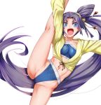  1girl arm_above_head blue_eyes breasts fate/grand_order fate_(series) groin groin_tendon jacket jacket_over_swimsuit leg_lift long_hair looking_at_viewer medium_breasts navel purple_hair smile solo split standing standing_on_one_leg standing_split stretch swimsuit torichamaru ushiwakamaru_(fate/grand_order) ushiwakamaru_(swimsuit_assassin)_(fate) very_long_hair white_background yellow_jacket 