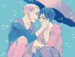  2boys black_hair blue_eyes closed_eyes glasses hand_on_another&#039;s_face hood hoodie katsuki_yuuri kuroemon limited_palette male_focus multiple_boys open_mouth silver_hair smile squatting star umbrella viktor_nikiforov yuri!!!_on_ice 