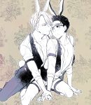  2boys animal_ears bow bowtie boxers bunny_boy bunny_tail collared_shirt extra_ears glasses greyscale hair_slicked_back katsuki_yuuri kuroemon male_focus monochrome multiple_boys no_pants one_eye_closed open_clothes open_shirt rabbit_ears shirt smile tail underwear viktor_nikiforov waistcoat yaoi yuri!!!_on_ice 