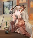  1girl alternate_costume arknights bangs brown_jacket casual chinese_commentary commentary_request cup disposable_cup drinking_straw earrings fingernails frappuccino ghooost hair_between_eyes hands_up head_tilt highres horns ifrit_(arknights) indoors interlocked_fingers jacket jewelry long_hair long_sleeves looking_at_viewer open_clothes open_jacket orange_eyes own_hands_together saria_(arknights) sharp_fingernails silver_hair solo starbucks stud_earrings table upper_body 