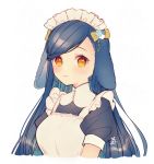 1girl :3 animal_ears apron bangs blue_hair bow breasts closed_mouth flower hair_bow hair_flower hair_ornament honzuki_no_gekokujou kemonomimi_mode large_breasts long_hair looking_at_viewer maid_apron maid_headdress maine_(honzuki_no_gekokujou) older puffy_short_sleeves puffy_sleeves rabbit_ears rinndouk short_sleeves simple_background solo swept_bangs upper_body white_apron white_background yellow_eyes 