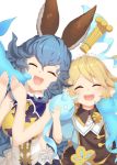  2girls :d ^_^ animal_ear_fluff animal_ears bangs blonde_hair blue_dress blue_hair blush cat charlotta_fenia closed_eyes commentary_request crown dress erune eyebrows_visible_through_hair ferry_(granblue_fantasy) granblue_fantasy hair_between_eyes hands_up harvin long_hair lying mini_crown multiple_girls o_(rakkasei) on_back open_mouth puffy_short_sleeves puffy_sleeves short_sleeves simple_background sleeveless sleeveless_dress smile upper_teeth white_background white_dress 