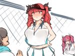 1boy 2girls azur_lane bangs black_ribbon blunt_bangs blush blush_stickers breasts bremerton_(azur_lane) bremerton_(scorching-hot_training)_(azur_lane) chain-link_fence closed_eyes commentary_request crop_top crop_top_overhang eyebrows_visible_through_hair faceless faceless_male fence hair_ribbon hands_on_hips heart heart_necklace honolulu_(azur_lane) huge_breasts large_breasts leaning_forward looking_at_another multicolored_hair multiple_girls no_mole pink_eyes pink_hair red_eyes redhead ribbon ro_(aahnn) see-through serious shirt sleeveless sleeveless_shirt towel towel_around_neck twintails two-tone_shirt upper_body visor_cap 