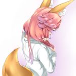  1girl absurdres animal_ear_fluff animal_ears closed_eyes fate/extra fate_(series) fox_ears fox_tail highres kamehito long_hair long_sleeves mouth_hold pink_hair shiny shiny_hair shirt simple_background solo tail tamamo_(fate)_(all) tamamo_no_mae_(fate) white_background white_shirt 