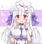  1girl azur_lane background_text beret between_breasts blush bow braid braided_bun breasts choker collared_shirt cygnet_(azur_lane) double_bun flying_sweatdrops hair_bow hair_ornament hairclip hands_up hat long_hair looking_at_viewer medium_breasts nanopai_kakumeikokonoyu necktie necktie_between_breasts parted_lips puffy_short_sleeves puffy_sleeves purple_background purple_bow purple_choker purple_neckwear shirt short_necktie short_sleeves silver_hair solo tilted_headwear translated twitter_username two-tone_background upper_body violet_eyes wavy_mouth white_background white_headwear white_shirt 