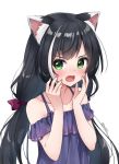  1girl animal_ear_fluff animal_ears anz32 bangs bare_shoulders black_hair blush bow cat_ears collarbone commentary_request dress eyebrows_visible_through_hair fang green_eyes hands_up kyaru_(princess_connect) long_hair looking_at_viewer low_twintails multicolored_hair nail_polish off-shoulder_dress off_shoulder open_mouth pink_nails princess_connect! princess_connect!_re:dive purple_bow purple_dress simple_background solo streaked_hair twintails twitter_username upper_body v-shaped_eyebrows very_long_hair white_background white_hair 