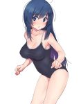  1girl :o bangs bare_arms bare_shoulders black_swimsuit blue_eyes blush breasts collarbone commentary_request competition_school_swimsuit eyebrows_visible_through_hair large_breasts leaning_forward long_hair looking_at_viewer open_mouth original sidelocks simple_background solo swimsuit thighs tshangen131 very_long_hair white_background 