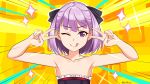 1girl bangs bare_shoulders black_bow black_dress blush bow breasts closed_mouth collarbone double_v dress emotional_engine_-_full_drive fate/grand_order fate_(series) flat_chest hair_bow hands_up helena_blavatsky_(fate/grand_order) highres licking_lips looking_at_viewer one_eye_closed parody purple_hair short_hair smile solo sparkle strapless strapless_dress tongue tongue_out v violet_eyes yellow_background zedxxx 