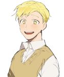  1boy alphonse_elric arms_at_sides beige_vest blonde_hair blush close-up collared_shirt commentary_request contemporary cu_churain dress_shirt eyebrows_visible_through_hair face fullmetal_alchemist happy highres korean_commentary looking_away male_focus open_mouth school_uniform shaded_face shirt simple_background smile standing teeth tongue uniform upper_body upper_teeth vest white_background white_shirt yellow_eyes 