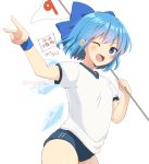 1girl ;d alternate_costume blue_bow blue_eyes blue_hair bow buruma cirno cowboy_shot flag gym_uniform hair_bow ice ice_wings looking_at_viewer nnyara one_eye_closed open_mouth puffy_short_sleeves puffy_sleeves shirt short_hair short_sleeves simple_background smile solo touhou twitter_username v white_background white_shirt wings 