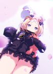  1girl abigail_williams_(fate/grand_order) bandaid_on_forehead bangs black_bow black_jacket blonde_hair blue_eyes blush bow breasts cherry_blossoms closed_mouth crossed_bandaids fate/grand_order fate_(series) forehead from_below hair_bow hair_bun heroic_spirit_traveling_outfit highres holding holding_balloon holding_stuffed_animal jacket long_hair long_sleeves looking_at_viewer looking_down multiple_bows multiple_hair_bows orange_belt orange_bow parted_bangs perspective petals polka_dot polka_dot_bow sleeves_past_fingers sleeves_past_wrists small_breasts solo stuffed_animal stuffed_toy takimi_uta teddy_bear thighs 