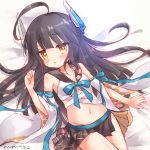  1girl ahoge azur_lane bangs bare_shoulders bed_sheet black_hair black_skirt blue_bow blush bow breasts brown_eyes clenched_hand collarbone crop_top detached_sleeves eyebrows_visible_through_hair groin headgear long_hair looking_at_viewer lying mechanical_horns nanopai_kakumeikokonoyu navel nowaki_(azur_lane) on_back parted_lips pleated_skirt sheet_grab skirt small_breasts solo tears translated very_long_hair white_sleeves yellow_eyes 