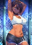  1girl ;) ahoge araimooah armpits arms_up azur_lane baltimore_(after-school_ace)_(azur_lane) baltimore_(azur_lane) bandaid bikini_tan black_choker black_hair black_shorts blush boyshorts braid breasts chain-link_fence chest_tattoo choker closed_mouth commentary_request covered_nipples cowboy_shot fence flower_tattoo hair_between_eyes large_breasts looking_at_viewer navel one_eye_closed short_hair shorts smile solo sports_bra stomach stomach_tattoo stretch sweat tan tanline tattoo tight toned under_boob yellow_eyes 