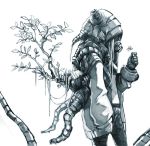  1girl belt chobi_(sakuyasakuhana) flower gas_mask gloves glowing greyscale holding holding_flower hood hood_up hoodie leaf long_hair monochrome navel original plant simple_background sketch sleeves_past_wrists solo standing tree white_background 