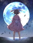  1girl akagashi_hagane animal_ears barefoot brown_hair bunny_tail commentary dress from_behind full_body full_moon inaba_tewi moon night outdoors pink_dress rabbit_ears short_hair short_sleeves sky solo standing star_(sky) starry_sky tail touhou wind wind_lift 