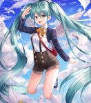  1girl alternate_costume aqua_hair blue_eyes blue_jacket breasts clouds commentary dani_(daniel) eyebrows_visible_through_hair green_hair hair_between_eyes hat hatsune_miku highres jacket long_hair long_sleeves looking_at_viewer medium_breasts open_mouth outdoors red_bag ribbon shirt shorts skirt sky solo suspender_shorts suspenders thigh-highs twintails very_long_hair vocaloid white_feathers white_headwear white_shirt white_wings wings yellow_neckwear yellow_ribbon 