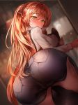  1girl apron ass_grab bangs bent_over blush brown_apron brown_hair commentary_request denim eyebrows_visible_through_hair girls_frontline green_eyes hair_between_eyes hair_ribbon hands high_ponytail highres holding holding_tray jeans long_hair looking_back m1903_springfield_(girls_frontline) open_mouth pants ribbon shirt snowru sweat tray very_long_hair white_shirt 