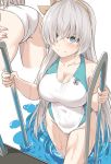  1girl anastasia_(fate/grand_order) ass bangs blue_eyes blue_swimsuit breasts closed_mouth competition_swimsuit fate/grand_order fate_(series) hair_over_one_eye hairband large_breasts long_hair looking_at_viewer multiple_views one-piece_swimsuit pool_ladder shiseki_hirame silver_hair smile swimsuit water wet white_swimsuit 