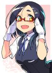  1girl :d adjusting_eyewear bespectacled black_hair black_vest blue_neckwear blue_ribbon blush border breasts commentary_request fang glasses gloves hair_ornament hairclip hands_up kantai_collection kuroshio_(kantai_collection) long_hair looking_at_viewer neck_ribbon open_mouth outside_border pink_background red-framed_eyewear ribbon shirt short_sleeves simple_background small_breasts smile solo taketora_suzume thick_eyebrows upper_body vest white_border white_gloves white_shirt yellow_eyes 