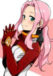  1girl blush bodysuit breasts darry_adai from_side green_eyes hands_together highres honda_naoki long_hair looking_at_viewer low_ponytail pink_hair ponytail red_bodysuit sidelocks simple_background smile solo star tengen_toppa_gurren_lagann upper_body white_bodysuit 