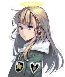  1girl angel bangs blonde_hair blue_eyes blunt_bangs eyebrows_visible_through_hair halo highres jacket long_hair looking_at_viewer masao original profile solo upper_body white_background 