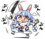  1girl :3 :d animal_ear_fluff animal_ears bangs black_leotard blue_footwear blue_hair bow braid brown_eyes brown_legwear bunny-shaped_pupils carrot_hair_ornament chibi dress eyebrows_visible_through_hair food_themed_hair_ornament full_body fur-trimmed_dress fur_trim hair_bow hair_ornament holding holding_sword holding_weapon hololive kanikama leotard long_hair lowres multicolored_hair open_mouth pantyhose rabbit_ears shadow short_eyebrows smile solo standing standing_on_one_leg sweat sword symbol-shaped_pupils thick_eyebrows twin_braids twintails two-tone_hair usada_pekora very_long_hair virtual_youtuber weapon white_background white_bow white_dress white_hair 