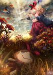  2girls black_shirt blonde_hair blue_eyes clouds cloudy_sky commentary_request crossed_arms day doll dqn_(dqnww) field flower flower_field flying from_below from_side frown grass hair_ribbon hand_on_own_elbow knees_to_chest leg_hug light_particles light_rays lily_of_the_valley looking_at_another making-of_available medicine_melancholy multiple_girls on_ground outdoors petals puffy_short_sleeves puffy_sleeves red_skirt ribbon shirt short_hair short_sleeves signature sitting skirt sky su-san sunbeam sunlight touhou water_drop wind wings 