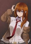  1girl artist_name aya_(user_ddya7452) blush breasts brown_hair brown_jacket closed_mouth collared_shirt cowboy_shot eyebrows_visible_through_hair hair_between_eyes highres jacket long_hair long_sleeves looking_at_viewer makise_kurisu medium_breasts necktie off-shoulder_jacket off_shoulder red_neckwear shirt signature solo steins;gate straight_hair violet_eyes white_shirt wing_collar 