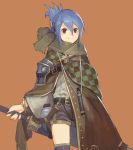  1girl armor bangs belt belt_buckle black_belt blue_hair brooch brown_background brown_cape brown_eyes buckle cape checkered checkered_cape closed_mouth commentary_request facing_viewer fantasy flask grey_scarf grey_shorts hair_between_eyes highres holding holding_sword holding_weapon jewelry looking_at_viewer medium_hair nkmr8 original ponytail scabbard scarf sheath sheathed short_shorts shorts simple_background smile solo standing sword thigh-highs upper_body weapon zettai_ryouiki 