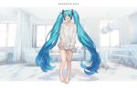  0ctter 1girl aqua_eyes aqua_hair barefoot chair character_name commentary hair_ornament hatsune_miku holding_shirt indoors knit_sweater letterboxed long_hair looking_at_viewer loungewear no_pants open_mouth room smile solo standing sweater table twintails very_long_hair vocaloid white_sweater wide_shot window 