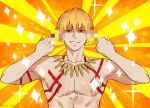  1boy bangs blonde_hair censored censored_gesture double_middle_finger earrings emily-ebarrola emotional_engine_-_full_drive fate/grand_order fate/stay_night fate_(series) gilgamesh grin hair_between_eyes hands_up highres jewelry looking_at_viewer mosaic_censoring muscle necklace parody red_eyes shaded_face shirtless short_hair smile sparkle sunburst sunburst_background tattoo yellow_background 