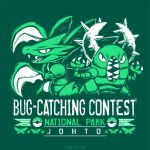  bug bug-catching_contest_(pokemon) butterfly commentary creature english_commentary english_text fangs gen_1_pokemon green_theme horns insect looking_at_viewer monochrome no_humans pinsir place_name pokemon pokemon_(creature) scyther sharp_teeth spikes teeth versiris watermark web_address 