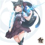  1girl animal_ear_fluff animal_ears black_footwear black_hair black_ribbon boots choker chromatic_aberration eyebrows_visible_through_hair fox_ears fox_girl fox_tail hair_ribbon hand_up highres holding holding_sword holding_weapon katana knee_boots kuro_kosyou long_hair looking_at_viewer magic open_mouth original pleated_skirt ribbon shirt sidelocks signature skirt solo sword tail thick_eyebrows two-tone_background violet_eyes weapon white_background 